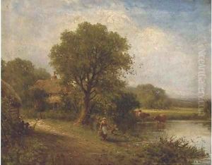 A young woman by a pool with cattle watering and a cottage beyond by Henry Maidment