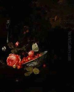 Still Life of Wild Strawberries a Rose and a Glass Bottle 1690 by Jan Mortel