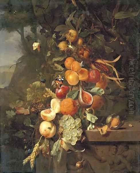 Peaches, apricots, grapes, oranges, blackberries, sheafs of corn and a pomegranate on a plinth with a sculpted relief, with butterflies - view 1