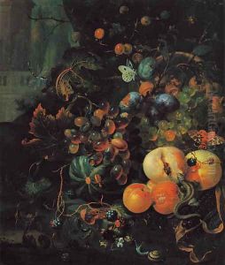 A forest floor still life with peaches, plums, grapes on the vine and other fruits, with a lizard, a snail, butterflies and other insects by Jan Mortel