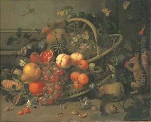 Apricots, peaches, plums, a pomegranate, a watermelon, an orange, a pear and corn in a basket, with cherries, chestnuts, snails, a bee