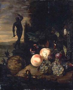Peaches, grapes, plums and a melon with a Red Admiral and a moth by a tree trunk, a statue in a formal garden beyond by Jan Mortel