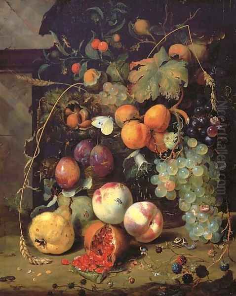 Peaches, plums, apricots, grapes, pears, blackberries, sheafs of corn, chestnuts, walnuts, medlars, cherries and a pomegranate with a snail - view 1