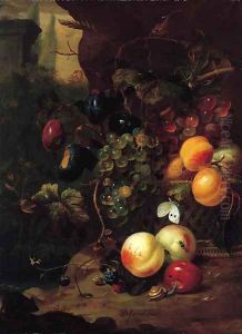 Peaches, plums, grapes on the vine and other fruit in a basket, with a snail, a dragonfly and a mouse, by a rock by Jan Mortel