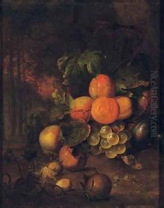 Peaches, plums, grapes, medlars and nuts in a wooded clearing with a butterfly