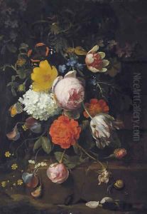 Peonies, tulips, roses and other flowers on a ledge with a snail, a beetle and a butterfly by Jan Mortel