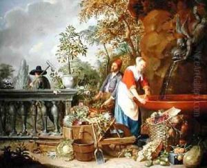 A Maid Washing Carrots at a Fountain with Two Gardeners at Work by Nicolaas or Nicolaes Muys