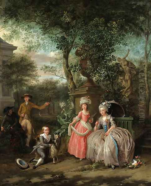A group portrait of a family in an ornamental garden - view 1