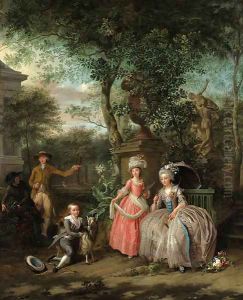 A group portrait of a family in an ornamental garden by Nicolaas or Nicolaes Muys