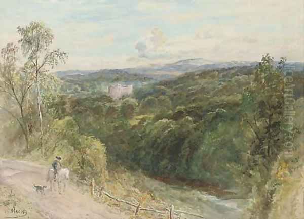 A mounted figure on a road by a river, Bardon Tower beyond - view 1