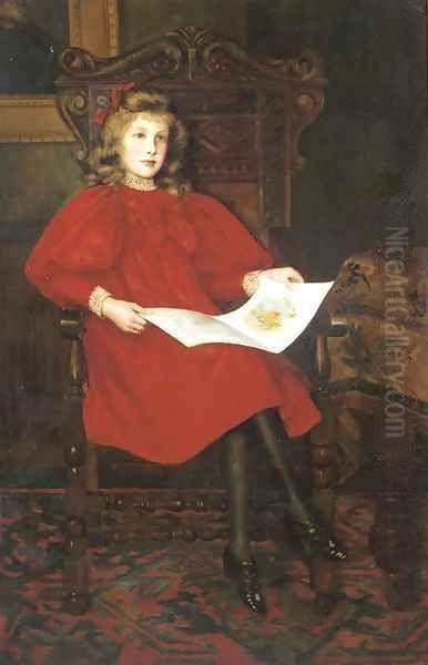 'In Wonderland', Portrait of Margery Merrick, seated full-length, in a red dress, reading a book, in an interior - view 1