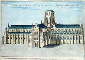 St Pauls Cathedral before it was destroyed by the Fire of London from A Book of the Prospects of the Remarkable Places in and about the City of London by Robert Morden