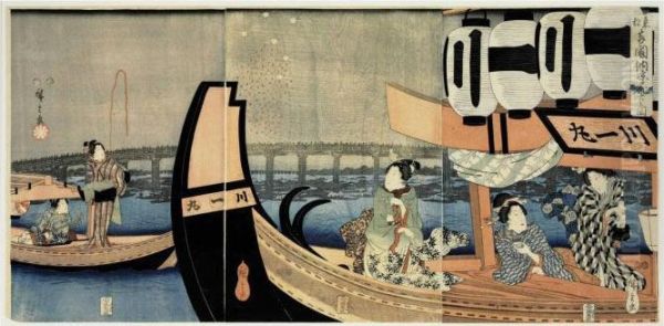 Toto Ryogokubashi Noryo Hanabi
No Zu Woodcut Triptych Of Beauties In Pleasure Boats Enjoying The
Summer Evening On The Sumida River Below Ryogoku Bridge In Edo, The Prow - view 1