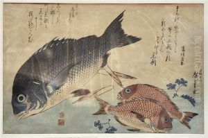 Schwarze Undrote Meerbrassen Mit Gedichten Von Tomigaki Shuan Und Kaodoyoshimune by Utagawa or Ando Hiroshige