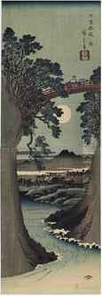 Koyo Saruhashi (the Monkey Bridge In Kai Province)
Woodcut Vertical Diptych Of Travelers Crossing The Monkey Bridge Over A River In The Light Of The Full Moon - view 1
