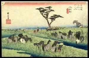 The Horse Market In The Fourth Month At Chiryu by Utagawa or Ando Hiroshige