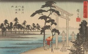 Temple Landscape With Travelers In The Rain by Utagawa or Ando Hiroshige