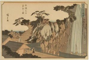 Bathing In The Waterfall Near Kamakasa by Utagawa or Ando Hiroshige