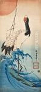 Crane Overthe Surf Above The Rocks by Utagawa or Ando Hiroshige