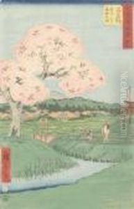 Landschaftspartie Mit Staffage Und Bluhendem Baum. by Utagawa or Ando Hiroshige
