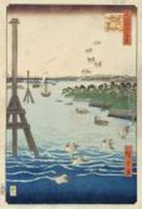Oban Yoko-e De La Serie Meisho 
Edo Hyakkei, Les Cent Vues D'edo, Planche Shibaura No Fukei, La Vue De 
La Cote Shiba.