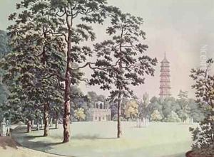 A View in Kew Gardens of the Alhambra and Pagoda