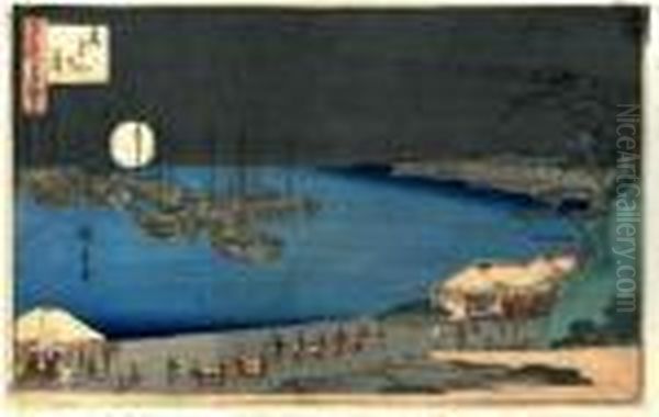 Scene De Mer Avec Bateaux Et Personnages Illumines Par La Pleine Lune Blanche. - view 1