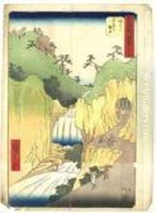 Vue De Montagne Avec Une Chute D'eau by Utagawa or Ando Hiroshige