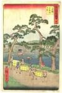 Personnages Au Bord De La Riviere by Utagawa or Ando Hiroshige