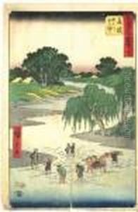 Voyageurs Passent Une Riviere A Gue by Utagawa or Ando Hiroshige