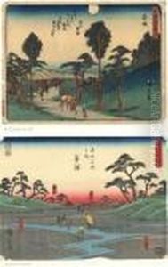 Scene De Paysage Avec Vue Du Lac. Paysage Avec Coucher Du Soleil. by Utagawa or Ando Hiroshige