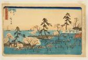 Figures Picnicking Beneath Cherry Trees. by Utagawa or Ando Hiroshige