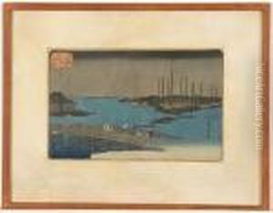 Harbor Scene At Night With Figures On A Bridge by Utagawa or Ando Hiroshige