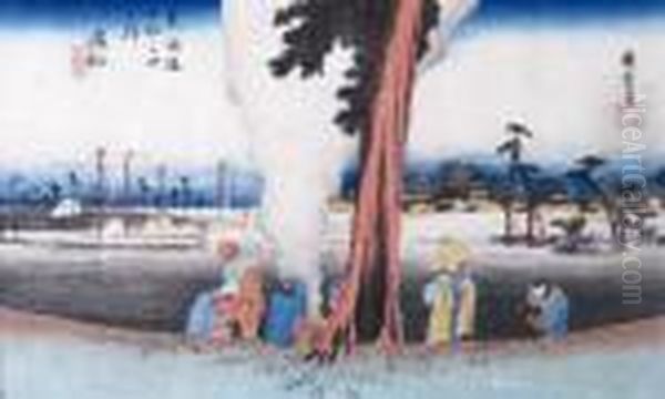 Depicting Laborers Around A Bonfire Along A Bare Rice Field - view 1
