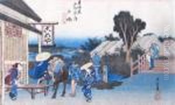 Depicting A Man Dismounting Form
His Horse In Front Of An Open Tea-house, While A Waitress Stands By To
Receive Him - view 1