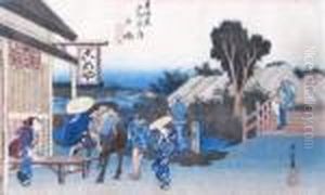 Depicting A Man Dismounting Form
His Horse In Front Of An Open Tea-house, While A Waitress Stands By To
Receive Him Depicting A Man Dismounting Form
His Horse In Front Of An Open Tea-house, While A Waitress Stands By To
Receive Him
