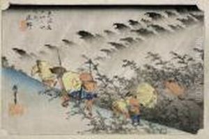 Driving Rain At Shono, From The Series Tokaido Gojusan Tsugi by Utagawa or Ando Hiroshige