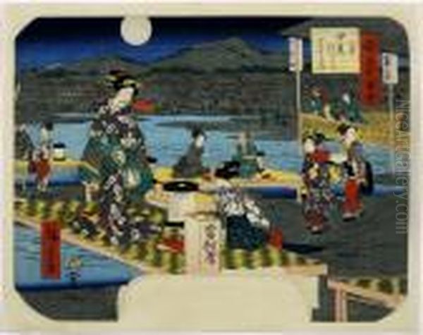 Night Time At Shijogawara In Kyoto, From Yamato Meishozue, Depicted On A Fan - view 1