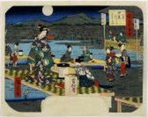 Night Time At Shijogawara In Kyoto, From Yamato Meishozue, Depicted On A Fan