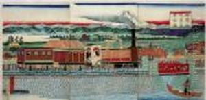 Running Steam Locomotive In Yokohama by Utagawa or Ando Hiroshige