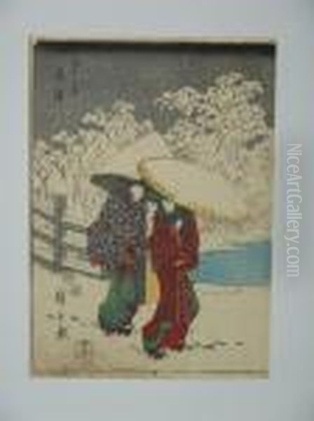 Estampe De Hiroshige, Serie Du 
Jimbutsu Tokaido, Station 7, Le Village De Fujisawa Sous La Neige. Vers 
1848. - view 1