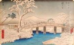 Figures Crossing Bridge In A Snow Laden Landscape by Utagawa or Ando Hiroshige