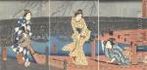 Oban Tate-e Triptych by Utagawa or Ando Hiroshige
