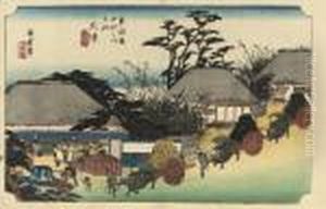 The Stations Kusatsu, Otsu,
Ishiyakushi, Yokkaichi, Hamamatsu And Shimada From The Series by Utagawa or Ando Hiroshige