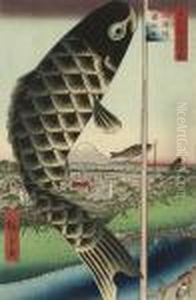 Oban Tate-e, A Woodblock Print,
Suidobashi, Surugadai From The Series Meisho Edo Hyakkei , Mounted And
Framed And Glazed - view 1
