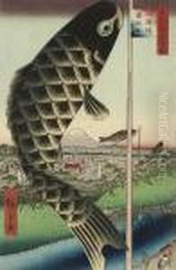 Oban Tate-e, A Woodblock Print,
Suidobashi, Surugadai From The Series Meisho Edo Hyakkei , Mounted And
Framed And Glazed by Utagawa or Ando Hiroshige