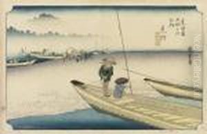 Oban Yoko-e, Four Woodblock 
Prints From The Series 'tokaido Gojusan-tsugi No Uchi' (fifty-three 
Stations Of The Tokaido) - Stage 29 'mitsuke, Tenryu-gawa' (tenryu River
 View), Stage 43 'kuwana, Shichi-ri Watashi-guchi' (port Of Kuwana), 
Stage 19 ' by Utagawa or Ando Hiroshige