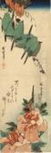 Seven Japanese White-eye Birds 
Perched On A Branch Of A Quince Tree, Above A Sparrow On A Sprig Of 
Camelia, Signed