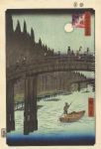 From The Series Meisho Edo 
Hyakkei [one Hundred Famous Views Of Edo], Kyobashi Takegashi [the 
Bamboo Market At The Kyobashi Bridge], Under A Full Moon Pilgrims 
Returning From Mount Oyama Pass Over The Bridge Against A Dramatic 
Background Of Soarin by Utagawa or Ando Hiroshige