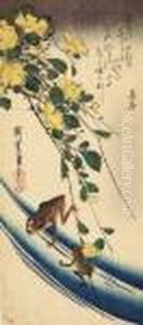 Two Frogs Swimming Below A 
Hanging Branch Of Yamabuki , A Poem Above, Signed Hiroshige Hitsu by Utagawa or Ando Hiroshige
